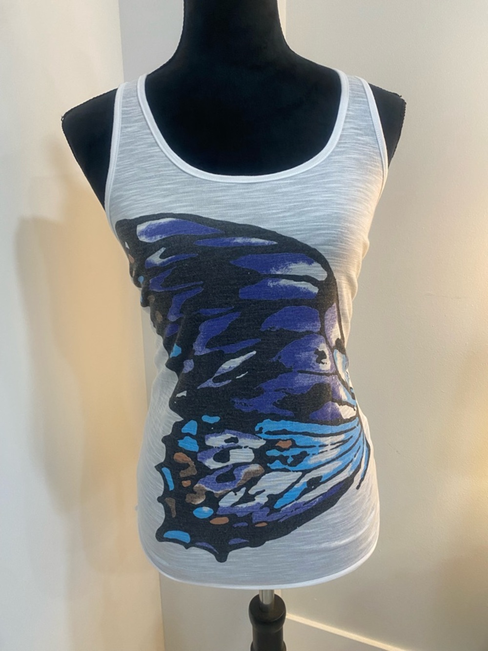 White Graphic Tank Top with Blue & Purple Wing Motif